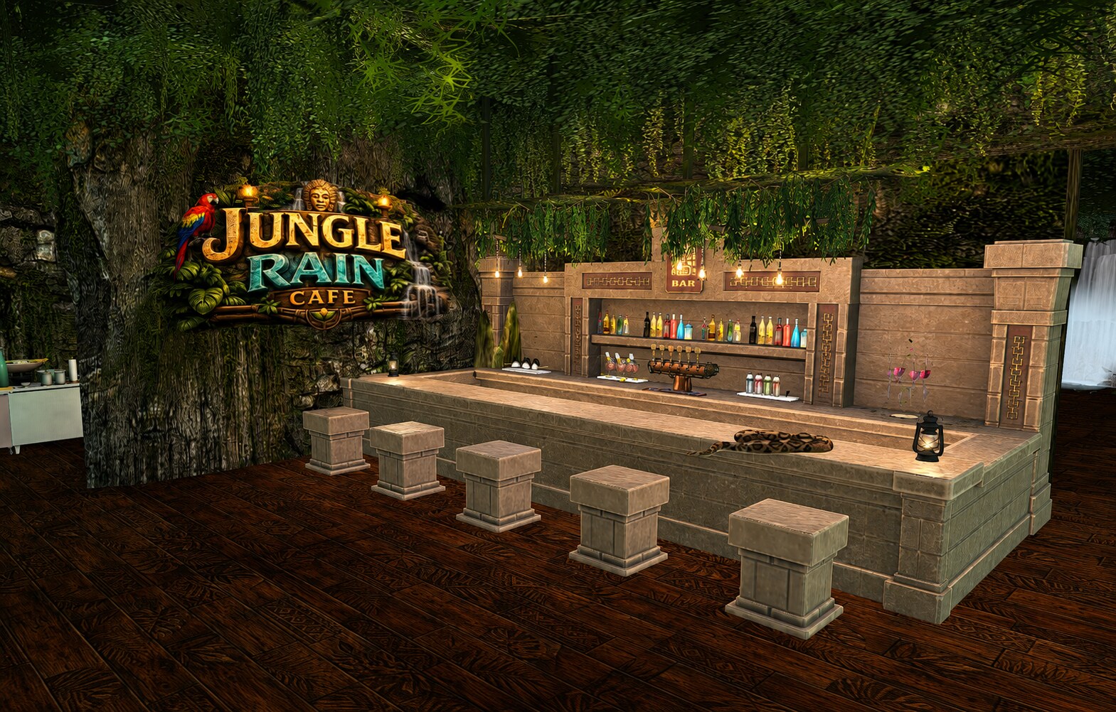 Full bar surrounded by rainforest scenery at Jungle Rain Café