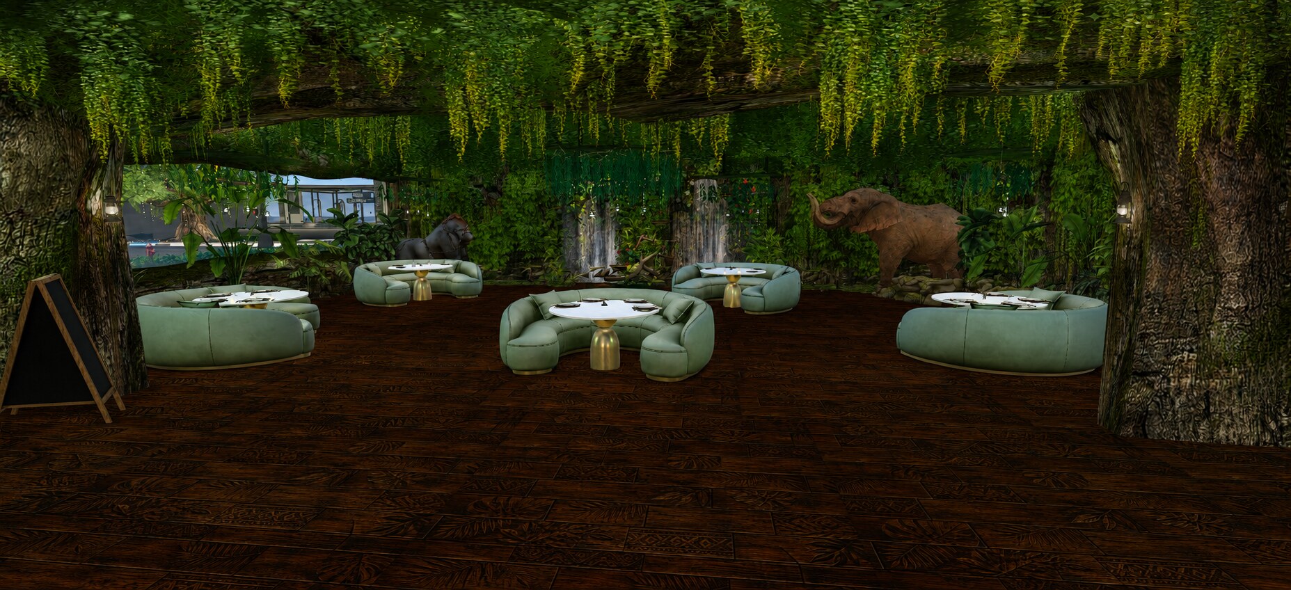 Rainforest dining tables, waterfalls, and an elephant inside Jungle Rain Café